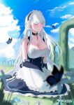  1girl absurdres apron artist_name azur_lane belfast_(azur_lane) blue_butterfly blue_sky braid breasts broken broken_chain bug butterfly chain cleavage closed_eyes closed_mouth cloud collar commentary flower frilled_gloves frills gloves grass half_up_braid highres hikaru_aruka large_breasts long_hair low_neckline maid maid_apron maid_headdress outdoors sitting sky smile solo very_long_hair waist_apron white_hair 