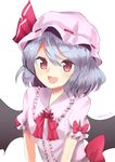  :d bat_wings blue_hair bow fang frilled_shirt frills hair_between_eyes hat hat_ribbon looking_at_viewer minomushi_(mino_kkgt) mob_cap open_mouth pink_hat pink_shirt puffy_short_sleeves puffy_sleeves red_bow red_eyes red_ribbon remilia_scarlet ribbon ribbon-trimmed_headwear ribbon_trim shirt short_hair short_sleeves simple_background smile solo touhou twitter_username upper_body white_background wings 