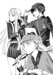  1boy 2girls absurdres adjusting_clothes adjusting_gloves adjusting_headwear baseball_cap breast_pocket capelet danganronpa:_trigger_happy_havoc danganronpa_(series) danganronpa_v3:_killing_harmony gloves greyscale hair_bun hair_ribbon hat highres holding holding_magnifying_glass jacket kirigiri_kyoko kkoricat long_hair looking_to_the_side magnifying_glass monochrome multiple_girls necktie parted_lips pleated_skirt pocket ribbon saihara_shuichi short_hair skirt the_hundred_line_-last_defense_academy- tsukumo_kako twintails 