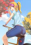  :d absurdres ass autumn_leaves ayase_eli bicycle bike_shorts blonde_hair blue_eyes blue_shirt breasts from_behind ground_vehicle highres kitazawa_(embers) large_breasts looking_back love_live! love_live!_school_idol_project open_mouth ponytail riding scrunchie shirt smile solo t-shirt tied_shirt visor_cap wristband 