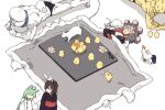  1boy 3girls :3 ahoge akashi_(azur_lane) animal animal_ears azur_lane baby_animal bird black_kimono breasts brown_hair cat cat_ears chick cleavage closed_eyes fake_animal_ears food fruit green_hair grey_hair hatski.sin highres japanese_clothes jean_bart_(azur_lane) kimono kotatsu long_hair long_sleeves lying mandarin_orange manjuu_(azur_lane) multiple_girls on_back on_stomach rabbit_ears sash shiranui_(azur_lane) sleeping sleeves_past_fingers sleeves_past_wrists sparkle table under_table underwear 