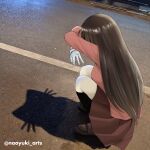  1girl absurdres arms_up azumanga_daioh azumanga_daioh&#039;s_school_uniform bandaged_hand bandages black_socks brown_hair brown_shoes cat_shadow_puppet_(meme) double_w from_side full_body highres long_hair meme middle_w naoyuki_arts photo_background pleated_skirt red_shirt red_skirt road sakaki_(azumanga_daioh) school_uniform shadow shadow_puppet shirt shoes skirt socks solo squatting twitter_username very_long_hair w 