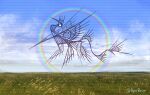  abstract blue_sky cloud cloudy_sky creature creature_focus field fins full_body grass highres keselum_(neganeura) no_humans original rainbow scenery signature sky solo spines tail white_eyes wings 