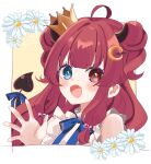  1girl :d ahoge bare_shoulders blue_bow blue_eyes border bow brown_background commentary_request crescent crescent_hair_ornament crown demon_girl demon_horns demon_tail double_bun dress fang flower hair_bobbles hair_bun hair_ornament hand_up heterochromia highres horns long_hair looking_at_viewer mini_crown nijisanji red_eyes red_hair rino_cnc sleeveless sleeveless_dress smile solo tail tilted_headwear two_side_up upper_body virtual_youtuber white_border white_dress white_flower yuzuki_roa yuzuki_roa_(3rd_costume) 