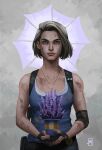  1girl absurdres black_gloves blue_eyes blue_shirt brown_hair bruise bruise_on_arm dirty dirty_clothes dirty_face elbow_pads fingerless_gloves gloves grey_background highres injury jewelry jill_valentine looking_at_viewer necklace plant potted_plant princerevenant resident_evil resident_evil_3:_nemesis resident_evil_3_(remake) shirt short_hair signature single_elbow_pad 