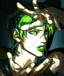  1girl black_hair braid braided_bun braided_ponytail commentary cone_hair_bun double_bun green_eyes green_hair green_lips hair_bun highres jojo_no_kimyou_na_bouken kujo_jolyne looking_at_viewer makeup multicolored_hair parted_lips portrait santamanymany shadow solo star_(symbol) stone_ocean string teeth two-tone_hair 