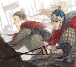  armor brown_eyes brown_hair flag guo_jia hakari1909 helmet horse multiple_boys original polearm rain riding romance_of_the_three_kingdoms spear sweat weapon zhang_liao 