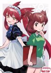  2girls :d abe_(kumayu) alternate_form apron bianca_(pokemon_heroes) black_dress blush brown_eyes brown_hair closed_mouth commentary_request dress green_shirt highres holding holding_sketchbook in-franchise_crossover latias latias_(human)_(pokemon_adventures) long_hair looking_at_viewer maid maid_apron maid_headdress multiple_girls open_mouth pokemon pokemon_(anime) pokemon_(classic_anime) pokemon_adventures pokemon_heroes:_latios_&amp;_latias puffy_short_sleeves puffy_sleeves red_hair shirt short_hair short_sleeves sketchbook skirt smile twintails very_long_hair white_skirt yellow_eyes 