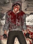 1boy absurdres against_wall bags_under_eyes beard_stubble black_gloves black_hair black_pants black_shirt blood blood_on_clothes blood_on_face blood_on_mouth cry_of_fear facial_hair fingerless_gloves gloves grey_hoodie highres holding holding_weapon hood hood_up hoodie implied_self-harm leukocoria looking_at_viewer on_floor outstretched_arms pants red_eyes shirt simon_henriksson solo stone_wall stubble upper_body weapon wrist_cutting xfgs 