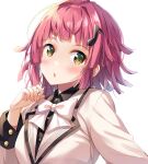  1girl blunt_bangs blush bow bowtie commentary_request future_parade_(love_live!) hair_ornament jacket kishimen_hair long_sleeves looking_at_viewer love_live! love_live!_nijigasaki_high_school_idol_club medium_hair musical_note musical_note_hair_ornament parted_lips pink_hair solo tennoji_rina wakui_tomo white_background white_bow white_bowtie white_jacket yellow_eyes 