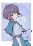  1girl a-ka blue_sailor_collar blue_skirt border brown_eyes closed_mouth from_behind highres kita_high_school_uniform nagato_yuki outside_border red_ribbon ribbon sailor_collar school_uniform serafuku short_hair short_sleeves skirt solo standing summer_uniform suzumiya_haruhi_no_yuuutsu white_border 