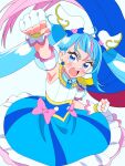  1girl blue_cape blue_dress blue_eyes blue_hair bow brooch cape clenched_hands commentary cowboy_shot cure_sky cut_bangs detached_sleeves dress dress_bow earrings fingerless_gloves frilled_dress frills frown gloves hair_ornament highres hirogaru_sky!_precure jewelry long_hair looking_at_viewer magical_girl medium_dress multicolored_hair open_mouth pink_bow pink_hair precure puffy_detached_sleeves puffy_sleeves raised_fist red_cape shinonome_sakura simple_background single_sidelock sleeveless sleeveless_dress solo sora_harewataru standing streaked_hair twintails two-sided_cape two-sided_fabric two-tone_dress two-tone_hair very_long_hair white_background white_dress white_gloves wing_brooch wing_hair_ornament 