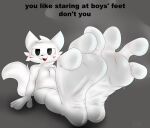 3_toes anthro big_feet black_nose blush bodily_fluids cheek_tuft domestic_cat english_text facial_tuft feet felid feline felis foot_fetish foot_focus fur fur_tuft grey_background hand_on_ground head_tuft hi_res looking_at_viewer male mammal nude_anthro nude_male open_mouth open_smile plantigrade red_tongue silly_cat_(mauzymice) simple_background sitting skonczonyidiota smile soles solo steam steamy_feet sweat sweaty_feet tail talking_to_viewer teasing teasing_viewer text toes tongue tuft white_body white_fur