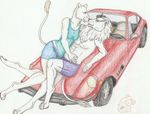  260z car clothing datsun fairlady feline female kissing lion male mammal nissan traditionnal_art vehicle white_lion yenza z 