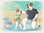 2024 anthro baltnwolf bluey_(series) blush bodily_fluids brown_body brown_fur canid canine canis clothing dialogue diaper digital_media_(artwork) domestic_dog duo father_(lore) father_and_child_(lore) father_and_son_(lore) fur genital_fluids hand_on_head hi_res hunting_dog jack&#039;s_dad_(bluey) jack_russell_(bluey) jack_russell_terrier kneeling leaking_diaper male mammal parent_(lore) parent_and_child_(lore) parent_and_son_(lore) pawpads potty pull-ups_(diaper) shirt son_(lore) t-shirt terrier text topwear unclean_diaper urine urine_pool used_diaper wet_diaper white_body white_fur