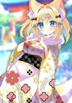  1girl animal_ear_fluff animal_ears black_bow blonde_hair blue_eyes blue_hair blurry blurry_background blush bow breasts closed_mouth copyright_request day depth_of_field fox_ears fox_girl fox_tail fur_collar fuuna_thise grey_bow hair_bow hair_intakes highres japanese_clothes kimono large_breasts long_sleeves looking_at_viewer multicolored_hair obi outdoors sash smile solo steepled_fingers tail torii two-tone_hair virtual_youtuber white_kimono wide_sleeves 