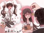  1boy 1girl coin coin_on_string condom condom_wrapper couple double_v drooling empty_eyes female_pervert glasses heart heart-shaped_pupils hetero highres holding holding_pendulum holed_coin hypnosis imagining long_hair mind_control mole mole_under_mouth mouth_drool multiple_moles multiple_views naughty_face nintendo_switch original pendulum pervert revealing_clothes school_uniform simple_background sleepzzz symbol-shaped_pupils thinking twintails v wishing 