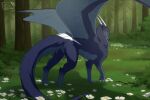 black_body black_fur blue_eyes claws dragon endermoonfur female feral flower forest forest_background fur furred_dragon furred_scalie grass grey_body grey_fur grey_membrane hi_res horn looking_at_viewer membrane_(anatomy) membranous_wings mythological_creature mythological_scalie mythology nature nature_background pink_vulva plant scalie solo tree vulva white_claws white_horn wings