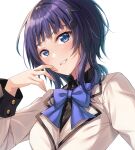  1girl asaka_karin blue_bow blue_bowtie blue_eyes blue_hair blush bow bowtie commentary_request future_parade_(love_live!) hair_ornament jacket looking_at_viewer love_live! love_live!_nijigasaki_high_school_idol_club medium_hair musical_note musical_note_hair_ornament smile solo wakui_tomo white_background white_jacket 