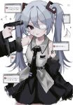  1girl @_@ alternate_costume arm_tattoo arm_warmers bandage_over_one_eye belt black_necktie bleeding blood blood_from_forehead blue_blood blue_hair blurry blurry_background collared_dress cross double-parted_bangs dress english_text frilled_dress frills fur_trim gun gun_to_head hair_between_eyes hair_ornament handgun hatsune_miku highres layered_dress layered_skirt necktie one_eye_covered skirt sleeveless sleeveless_dress solo tattoo twintails upper_body uxvqx vocaloid weapon white_background window_(computing) x_hair_ornament 