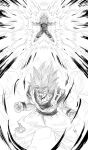  2boys aura bodysuit clenched_hands cowboy_shot dougi dragon_ball dragon_ball_z highres male_focus mkmochimochi monochrome multiple_boys muscular muscular_male shirt sketch son_goku spiked_hair super_saiyan super_saiyan_2 torn_clothes torn_shirt vegeta 