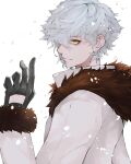  1boy bags_under_eyes beckoning black_gloves earrings fate/grand_order fate_(series) fur-trimmed_jacket fur_trim gloves grey_hair hair_over_one_eye hazuki-a highres jacket jewelry kadoc_zemlupus long_sleeves looking_at_viewer outstretched_hand piercing short_hair simple_background smile snowflakes solo stud_earrings upper_body white_background white_jacket yellow_eyes 