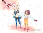  1boy 1girl bare_shoulders belt black_choker blonde_hair blue_eyes blue_pants blue_vest bodysuit boots branch brown_eyes brown_gloves brown_hair cherry_blossoms choker closed_mouth collarbone commentary_request falling_petals final_fantasy final_fantasy_ix full_body garnet_til_alexandros_xvii gloves jewelry long_sleeves looking_up medium_hair monkey_tail necklace open_mouth orange_bodysuit outstretched_arms pants petals pink_petals puffy_long_sleeves puffy_sleeves quichi_91 red_boots red_gloves shirt smile standing tail vest white_shirt zidane_tribal 