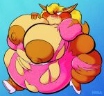 2024 activision anthro areola artist_logo bandicoot belly big_areola big_belly big_breasts bite biting_lip biting_own_lip black_nose blonde_eyebrows blonde_hair blue_background blushing_profusely bodily_fluids breasts brown_areola brown_body brown_fur brown_nipples chubby_cheeks clothing colored crash_bandicoot_(series) digital_drawing_(artwork) digital_media_(artwork) dress drooling english_description eyebrows eyeshadow fat_arms female female_anthro footwear fur gradient_background green_eyes hair hand_on_own_breast haymakerartworks hi_res high_heels huge_breasts logo looking_pleasured looking_up makeup mammal marsupial nipples obese obese_anthro obese_female overweight overweight_anthro overweight_female partially_clothed_anthro partially_clothed_female pink_eyeshadow saliva self_bite shaded shoes simple_background sitting smile solo tan_body tan_fur tan_inner_ear tawna_bandicoot thick_thighs torn_clothing torn_dress weight_gain white_clothing white_footwear white_high_heels
