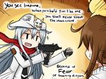  :d ahoge bird black_neckwear brown_hair chicken commentary_request emphasis_lines english engrish finger_on_trigger fingerless_gloves flat_cap gloves gun hat hibiki_(kantai_collection) holding holding_gun holding_weapon inazuma_(kantai_collection) kantai_collection long_hair long_sleeves mask mask_on_hat meme micro_uzi multiple_girls necktie open_mouth phantasy_star phantasy_star_online_2 ranguage rappy raythalosm red_scarf scarf silver_hair simple_background smile solo_focus sparkle stalker_(game) star submachine_gun sweatdrop upper_body verniy_(kantai_collection) very_long_hair weapon white_hat you're_doing_it_wrong 