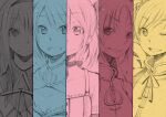  5girls akemi_homura column_lineup column_lineup_background kaname_madoka looking_at_viewer magical_girl mahou_shoujo_madoka_magica medium_hair miki_sayaka multiple_girls sakura_kyoko spot_color tomoe_mami upper_body urei-hibino 