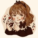  1girl animal_print black_bow blush bow brown_eyes brown_hair cherry cinnamon_(katsura) faux_retro_artstyle floral_background flower food food_on_face fruit highres icing licking_lips muffin nail_polish original pastry ponytail rabbit_print retro_artstyle solo tongue tongue_out tulip 