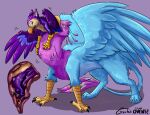 arrox avian avian_feet beak bird blue_body bodily_fluids drooling esophagus feathered_crest feathered_wings feathers feral feral_pred feral_prey galliform green_eyes gryphon gyro_feather gyrotech head_crest hi_res internal larger_pred male male_pred male_prey mythological_avian mythological_creature mythology neck_bulge oral_vore ovens paws peafowl phasianid pink_body quadruped saliva size_difference tail tail_tuft tuft vore wings