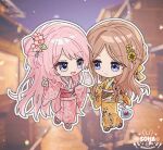  2girls artist_logo bang_dream! bang_dream!_it&#039;s_mygo!!!!! blue_eyes blurry blurry_background blush brown_hair chihaya_anon closed_eyes closed_mouth commentary_request fang floral_print floral_print_kimono holding_hands japanese_clothes kimono korean_commentary logo long_hair looking_at_another multiple_girls nagasaki_soyo night obi open_mouth print_kimono sash soha_blan 