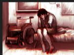  1boy bandaged_arm bandages black_hair blanket blood blood_on_bandages blood_on_feet blood_on_ground color_filter cry_of_fear english_commentary face_in_hands full_body half-life_(series) head_down highres hospital implied_injury messy_hair multiple_monochrome on_bed phone photo_(object) red_theme risuniya shirt short_hair shorts simon_henriksson sitting socks solo stitched_leg stitches t-shirt wheelchair 
