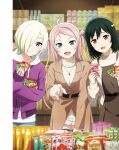  3girls ahoge artbook blonde_hair blue_eyes food green_hair hair_over_one_eye highres hood hoodie jewelry long_hair love_live! love_live!_nijigasaki_high_school_idol_club mia_taylor mifune_shioriko mole mole_under_eye multiple_girls necklace non-web_source official_art pink_hair purple_eyes purple_hoodie red_eyes ribbon short_hair smile snack sweater turtleneck two_side_up zhong_lanzhu 