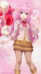  1girl :d ahoge balloon boots bow breasts brown_boots brown_skirt collared_shirt commentary_request feet_out_of_frame flower fujima_takuya grey_jacket hair_between_eyes hair_flower hair_ornament holding holding_balloon jacket kyrie_florian long_hair long_sleeves looking_at_viewer lyrical_nanoha mahou_shoujo_lyrical_nanoha pink_background pink_hair puffy_long_sleeves puffy_sleeves purple_bow purple_eyes shirt skirt small_breasts smile solo standing star_balloon very_long_hair white_flower white_shirt 