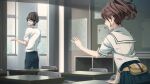  1boy 1girl belt belt_pouch black_hair blue_bow blue_pants blue_skirt blue_stripes bow brown_belt brown_eyes brown_hair chair chalkboard chest_bow chuo_tanegashima_high_school_uniform classroom collared_shirt cropped_shirt day desk from_behind from_side fukuda_tomonori game_cg glasses hair_between_eyes hand_on_table hidaka_subaru high-waist_skirt high_ponytail highres indoors leather_belt long_hair looking_back medium_hair non-web_source official_art open_mouth pants pleated_skirt ponytail ponytail_with_braided_base pouch reaching reaching_towards_another robotics;notes sailor_collar school school_chair school_desk school_uniform senomiya_akiho shirt short_sleeves skirt teeth tongue upper_teeth_only white_sailor_collar white_shirt window 