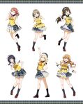  6+girls artbook asaka_karin black_socks blonde_hair blue_eyes blue_ribbon bow brown_hair grey_hair hair_bow hat highres konoe_kanata long_hair looking_at_viewer love_live! love_live!_nijigasaki_high_school_idol_club miyashita_ai multiple_girls nakasu_kasumi non-web_source official_art one_eye_closed open_mouth orange_eyes orange_ribbon osaka_shizuku pink_eyes pink_hair pink_ribbon purple_eyes purple_hair purple_ribbon ribbon short_hair short_sleeves skirt smile socks standing standing_on_one_leg uehara_ayumu white_bow yellow_eyes yellow_ribbon 
