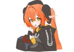  absurdres asymmetrical_gloves cropped_hoodie cyborg dragon_girl dragon_horns gloves highres hood hoodie horns mismatched_gloves orange_hair orange_pupils orpheus_(zenless_zone_zero) pointy_ears yellow_gloves zenless_zone_zero 