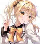  1girl blonde_hair blush bow bowtie commentary_request future_parade_(love_live!) hair_ornament jacket looking_at_viewer love_live! love_live!_nijigasaki_high_school_idol_club miyashita_ai musical_note musical_note_hair_ornament ponytail smile solo w wakui_tomo white_background white_jacket yellow_bow yellow_bowtie yellow_eyes 