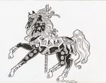  black_and_white carousel day_of_the_dead equine flower hair heather_bruton horse inktober mammal monochrome plant ribbons skull solo star 