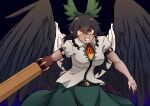  1girl arm_cannon belt bird_wings black_background black_wings bow commentary green_bow green_skirt grin hair_bow heterochromia highres looking_at_viewer mutation otaeriaaoba red_eyes reiuji_utsuho shirt simple_background skirt smile solo third_eye touhou weapon white_shirt wings yellow_eyes 