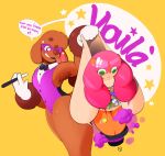 accessory anthro arm_tuft armpit_hair armpit_tuft ball bodily_fluids body_hair bow_(feature) bow_tie brown_body brown_eyes brown_fur brown_nose canid canine canis cd clothed clothing clothing_grab clothing_pull cloud curly_hair dialogue digital_media_(artwork) domestic_dog duo emanata exclamation_point eye_mask eyebrows female female/female french_text fur gloves grabbing_from_behind green_eyes hair handwear hat headgear headwear hi_res kureto lipstick mademoiselle_(kureto) magic magic_trick magic_wand magician makeup mammal marie_biscuit_(kureto) mink moon mouse_cursor multicolored_body mustelid musteline one_eye_closed one_piece_suit orange_body orange_fur oversized_clothing oversized_topwear pink_hair pink_nose poodle rainbow raised_eyebrow simple_background smile smiley_face speech_bubble star star_emanata starry_eyes surprise surprised_expression sweat tail tan_body tennis_ball text thick_thighs tongue top_hat topwear translucent translucent_hair true_musteline tuft two_tone_body wink winking_at_another wrist_tuft yellow_background