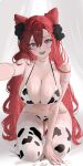  1girl animal_print arm_support bed_sheet bikini black_flower black_rose blush breasts ceres_(shingeki_no_bahamut) chokopaii cleavage commentary commission cone_hair_bun cow_print cow_print_bikini cow_print_thighhighs double_bun flower hair_between_eyes hair_bun hair_flower hair_ornament highres kneeling lace-trimmed_legwear lace_trim large_breasts leaning_forward long_hair looking_at_viewer nail_polish navel open_mouth outstretched_arm print_bikini print_thighhighs purple_eyes red_hair red_nails rose scar scar_on_arm scar_on_face scar_on_neck shingeki_no_bahamut shiny_skin smile solo string_bikini swimsuit thighhighs very_long_fingernails very_long_hair 