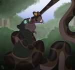 bagheera_(jungle_book) coiling dominant dominant_feral duo eye_contact felid feral forest forked_tongue fur hi_res hypnosis jungle kaa_(jungle_book) looking_at_another male male/male mammal melanistic mind_control outside pantherine plant python reptile ringed_eyes scales scalie sleepylilfox smile snake spots submissive the_jungle_book tongue tongue_out tree whiskers