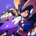  1boy android armor artist_logo artist_name bass_(mega_man) bass_day black_armor black_helmet chest_jewel commentary_request dog facial_mark fins forehead_jewel guutara head_fins helmet logo male_focus mega_man_(classic) mega_man_(series) non-humanoid_robot petting purple_background red_eyes robot robot_animal robot_dog shoulder_armor signature smile treble_(mega_man) upper_body 