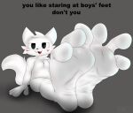 3_toes anthro big_feet black_nose blush cheek_tuft domestic_cat english_text facial_tuft feet felid feline felis foot_fetish foot_focus fur fur_tuft grey_background hand_on_ground head_tuft hi_res looking_at_viewer male mammal nude_anthro nude_male open_mouth open_smile plantigrade red_tongue silly_cat_(mauzymice) simple_background sitting skonczonyidiota smile soles solo tail talking_to_viewer teasing teasing_viewer text toes tongue tuft white_body white_fur