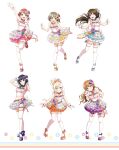  6+girls artbook asaka_karin blonde_hair blue_eyes bow brown_hair flower frills full_body gloves grey_hair grin hair_bow hair_flower hair_ornament half_updo highres konoe_kanata long_hair looking_at_viewer love_live! love_live!_nijigasaki_high_school_idol_club medium_hair midriff miyashita_ai multiple_girls nakasu_kasumi navel non-web_source official_art open_mouth orange_eyes osaka_shizuku pink_eyes pink_hair ponytail purple_eyes purple_hair ribbon short_hair skirt sleeveless smile standing thighhighs twintails uehara_ayumu white_background white_gloves yellow_eyes zettai_ryouiki 