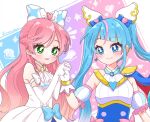  2girls artist_name ascot blue_bow blue_cape blue_dress blue_eyes blue_hair bow braid bright_pupils brooch cape center_frills closed_mouth commentary crown_braid cure_prism cure_sky cut_bangs detached_sleeves dress dress_bow earclip earrings elbow_gloves fingerless_gloves frills glove_bow gloves green_eyes hair_bow hair_ornament highres himawarin5ame0 hirogaru_sky!_precure jewelry long_hair looking_at_another magical_girl multicolored_hair multiple_girls nijigaoka_mashiro notice_lines open_mouth pink_bow pink_hair precure puffy_detached_sleeves puffy_sleeves red_cape side_braids signature single_earring single_sidelock sleeveless sleeveless_dress smile sora_harewataru streaked_hair symbol-only_commentary twintails two-sided_cape two-sided_fabric two-tone_dress two-tone_hair very_long_hair white_ascot white_bow white_dress white_gloves white_pupils wing_brooch wing_hair_ornament 