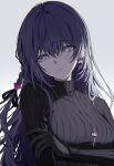  1girl arm_at_side arm_under_breasts asahina_mafuyu black_gloves black_ribbon black_sweater braid breasts crossed_bangs earrings facing_viewer flower flower_earrings flower_necklace gloves gradient_background grey_background hair_between_eyes hair_ribbon hand_on_own_arm highres jewelry large_breasts long_hair long_sleeves necklace official_alternate_costume official_alternate_hair_length official_alternate_hairstyle parted_lips project_sekai purple_eyes purple_hair ribbed_sweater ribbon seina1211 sidelighting sidelocks sideways_glance simple_background solo soshite_hari_wa_ugokidasu_(project_sekai) sweater turtleneck turtleneck_sweater upper_body white_background 